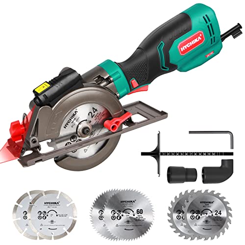 Sierra Circular 750W, HYCHIKA Mini Sierra Circular con Motor de Cobre Puro, Guía Láser, 6 Cuchillas, 3500RPM, Corte: 48mm/90º, 32mm/45º, Extrator de Polvo, Sierra para Azulejo, Madera, Metal Blando