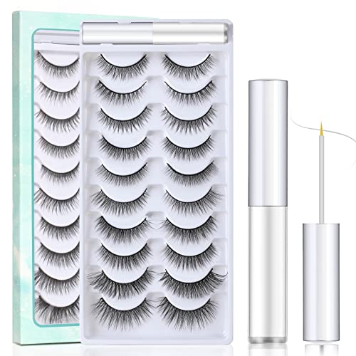 SISILILY Pestañas Postizas con Pegamento, 10 Pares de 3D Pestañas Postizas Naturales Suaves y Esponjosas Reutilizables, para Maquillaje de Ojos