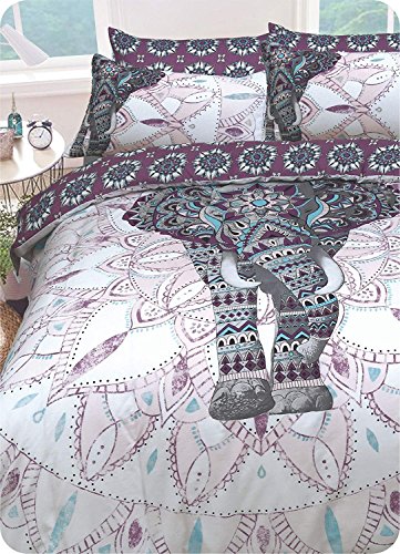 Sleepdown - Juego de Ropa de Cama, con diseño de Elefante y Mandalas, Funda de edredón y Fundas de Almohada, Reversible, hipoalergénico, de fácil Cuidado, Suave, Color Morado, tamaño King