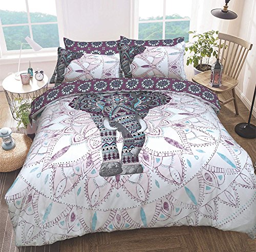 Sleepdown - Juego de Ropa de Cama, con diseño de Elefante y Mandalas, Funda de edredón y Fundas de Almohada, Reversible, hipoalergénico, de fácil Cuidado, Suave, Color Morado, tamaño King