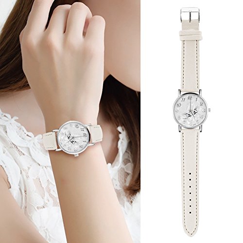 Sonew Reloj de Cuarzo de Las Mujeres Reloj de Pulsera analógico Femenino Redondo Correa de Cuero de la PU Reloj de diseño de Mariposa Simple de la Manera(White)