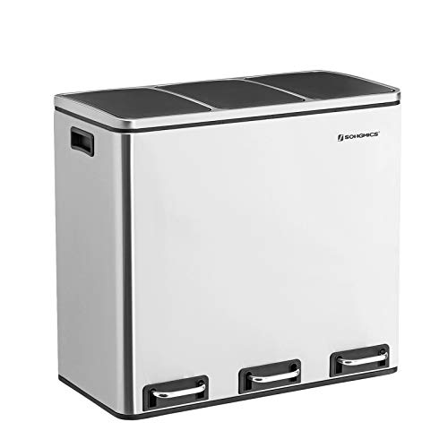 SONGMICS Cubo de Basura, Basurero Reciclaje para Cocina con 3 cubetas, 3 x 18L, Tapa de Mecanismo, con Pedales, Acero, Cubos Interiores de Plástico y Asas de Transporte, Plata LTB54NL