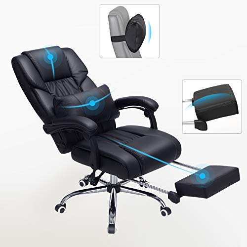 Songmics OBG71B Racing -Silla de Escritorio/ Computadora Ergonómica con Reposapiés Plegable, PU, Metal Cromado, color Negro 150 kg