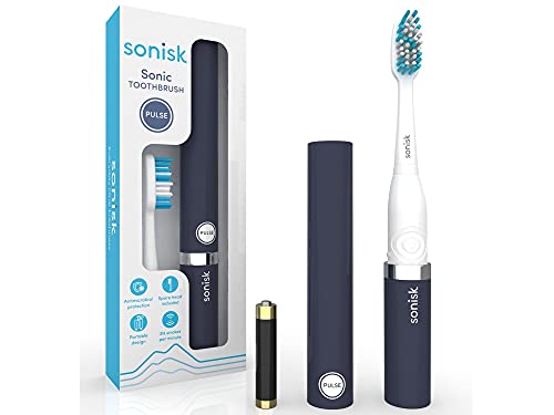 Sonisk Pulse | Cepillo de dientes eléctrico con pilas | Tecnología Sonic | 1 batería, 2 cabezales de cepillo, 31 000 movimientos por minuto, antimicrobiano, tamaño portátil, negro mate