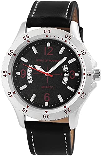 Spirit of Marine – Reloj de Pulsera analógico para Hombre, Color Antracita, Negro y Rojo, Fecha, Metal, Piel sintética, Mecanismo de Cuarzo