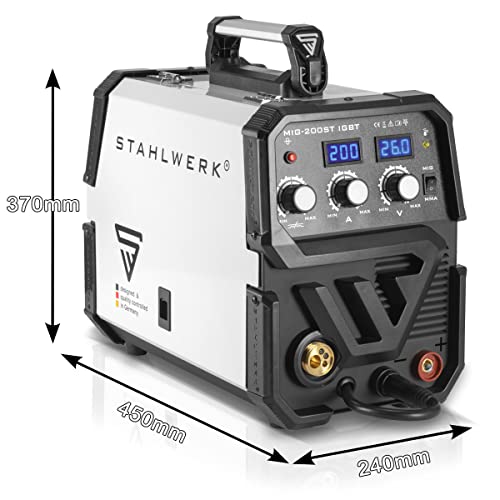 Stahlwerk MIG 200 ST IGBT - Equipo de soldadura de gas de protección Mig Mag con 200 amperios, apto para alambre relleno Flux, con mano de electrodos MMA, color blanco