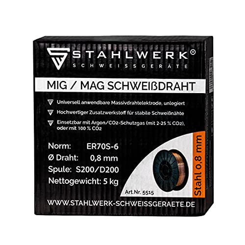 Stahlwerk MIG/MAG - Alambre de soldadura (diámetro de 0,8 mm, acero SG3 ER70S-6, en rollo de 5 kg S200/D200 con espiga de 50 mm, uso universal)
