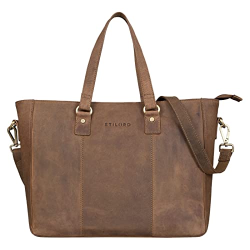 STILORD 'Emmeline' Bolsa Shopper Grande Mujer Bolso Business Elegante Bolso Bandolera Bolso de Mano para Portátil de 13,3 Pulgadas de Piel Auténtica, Color:marrón - Medio