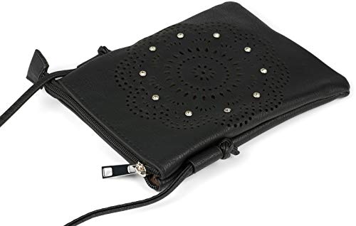 styleBREAKER Mini bolso bandolera para mujer con flores cortadas a láser y brillantes, 02012367, Negro , Talla única