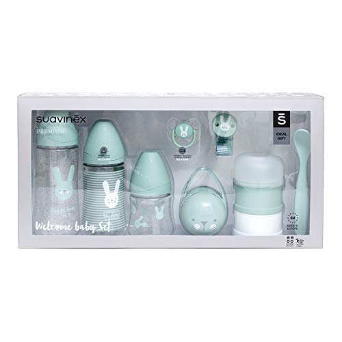 Suavinex Set Premium Regalo Recién Nacido con Biberón 150ml, Biberón 270ml y Biberón 360ml, Dosificador de leche, Chupete fisiológico desde 0 hasta 6 meses, Portachupetes, Broche y Cuchara,Color Verde