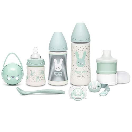 Suavinex Set Premium Regalo Recién Nacido con Biberón 150ml, Biberón 270ml y Biberón 360ml, Dosificador de leche, Chupete fisiológico desde 0 hasta 6 meses, Portachupetes, Broche y Cuchara,Color Verde