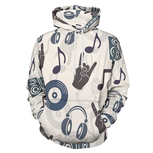 Sudadera con Capucha para Adultos Musical Silueta Música Auriculares Disco CD Placa Notas Dedos Gesto Sudaderas con Bolsillo para Hombre Mujer