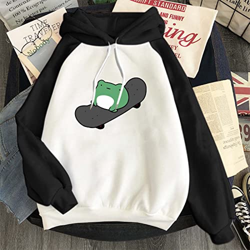 Sudadera con Capucha para Mujer Sudadera Mangas largas, 2021 Nuevo Elegantes Moda Estampado Linda Rana Patineta Estilo Anime Suelto con Bolsillos Camisetas Chica Baratas Tallas Grandes(G Negro,S)