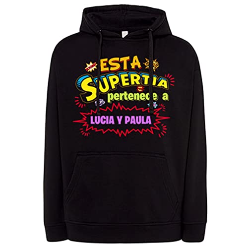 Sudadera Personalizable con Nombre Ejemplo Esta Super Tía Pertenece a Juan y Susana - Negro, L