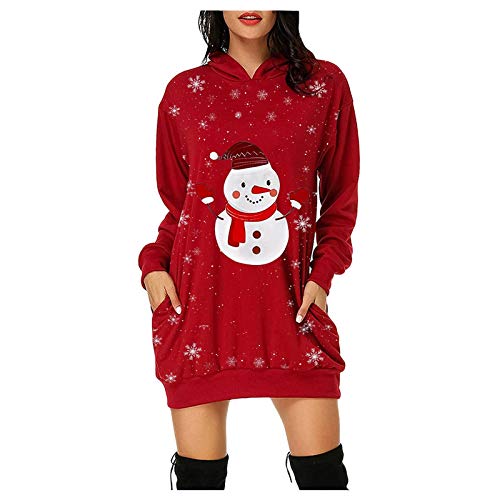 Sudadera Vestido Navidad Manga Larga - Sudaderas Mujer con Capucha Sudadera Roja Mujer Invierno Vestido Casual Pullover Tops Sudadera Deportiva Suelto Hoodie Largo Vestido Deportiva con Bolsillos