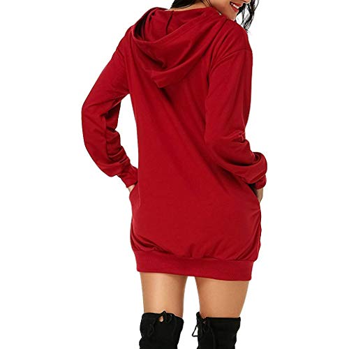 Sudadera Vestido Navidad Manga Larga - Sudaderas Mujer con Capucha Sudadera Roja Mujer Invierno Vestido Casual Pullover Tops Sudadera Deportiva Suelto Hoodie Largo Vestido Deportiva con Bolsillos