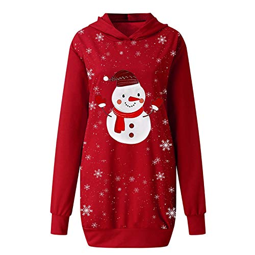 Sudadera Vestido Navidad Manga Larga - Sudaderas Mujer con Capucha Sudadera Roja Mujer Invierno Vestido Casual Pullover Tops Sudadera Deportiva Suelto Hoodie Largo Vestido Deportiva con Bolsillos