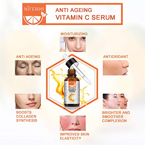 Suero Facial Con 20% Vitamina C, Con Acido Hialurónico, Suero Antienvejecimiento, Suero Con Retinol, Gel Antienvejecimiento, Antiarrugas y Antimanchas, Cuidado Del rostro, Cuello, Contorno, 30 ml