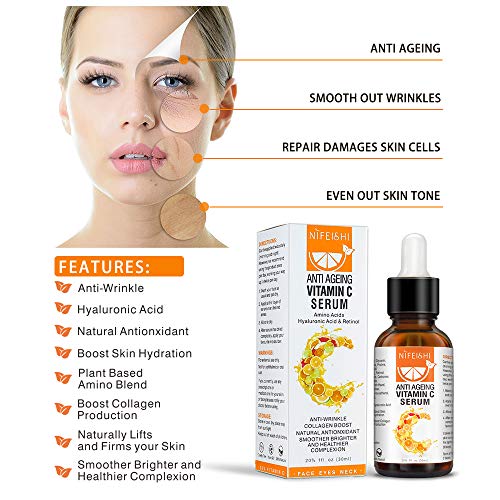 Suero Facial Con 20% Vitamina C, Con Acido Hialurónico, Suero Antienvejecimiento, Suero Con Retinol, Gel Antienvejecimiento, Antiarrugas y Antimanchas, Cuidado Del rostro, Cuello, Contorno, 30 ml