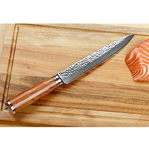 Sunlong 8 Inch Damascus Sashimi Sushi Knife, Mejor Calidad VG10 Super Acero 67 Capas Damascus, Hoja afilada de doble cara, Respetuoso con el medio ambiente Mango RoseWood SL-DK1046R