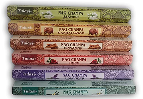 Surtido Mix Inciensos Aromáticos Nag Champa | Incienso Natural Aromaterapia | Caja 6 Paquetes de 15 Inciensos Cada Una, Distintos Aromas | Gran Duración Aroma Delicado