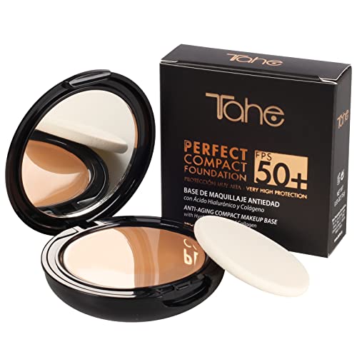 Tahe Compact Foundation Perfect Base de Maquillaje Compacta Antiedad, Cobertura Perfecta, FPS 50+, 15 g (10 Pure)