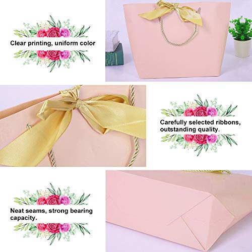 TANCUDER 12PCS Bolsas de Regalo con Decoración de Lazo Bolsas de Regalo de Papel Bolsas de Regalo con Asas Bolsas para Regalo de Cumpleaños Boda Fiesta 28 x 20 x 9cm (Blanco y Rosa)