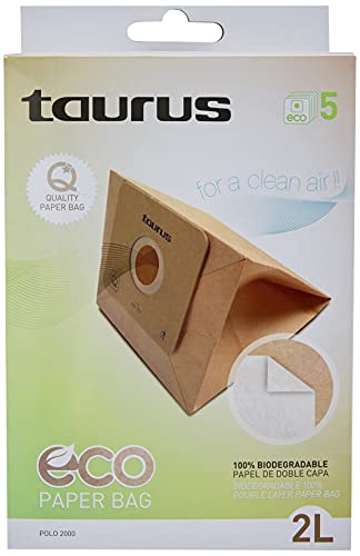 Taurus 999193000 Paquete de 5 Bolsas de Papel Eco para aspiradores Trineo de 2 litros de Capacidad, biodegradables, Plastic