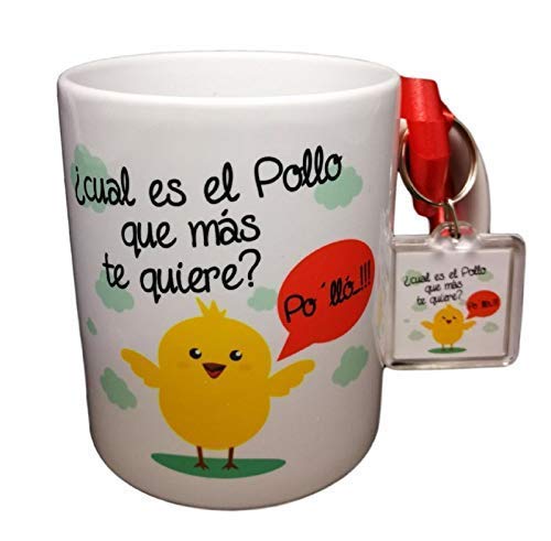 Taza Y Llavero con Frase CUAL ES EL Pollo Que MAS TE Quiere? PO LLÓ. Taza Original, Regalo DE Amor ROMANTICO San Valentin Aniversario