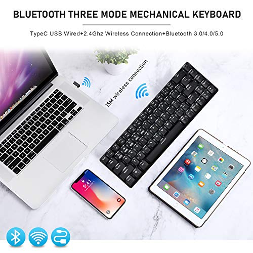 Teclado mecánico 60% para juegos, Bluetooth/2.4GHz inalámbrico USB/cable tipo C 3 modos de conexión,68 teclas interruptor azul mini teclado,16 efectos retroiluminados blancos, recargable de 3000 mAh