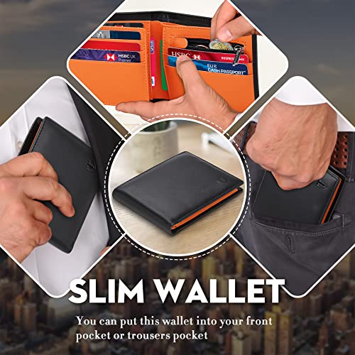 TEEHON Cartera Hombre, Cartera Hombre con Monedero, Cartera Hombre de Piel con 15 Compartimentos, 1 Pieza de Piel de Verificar con Instrucción y Tecnología RFID para Hombre o Joven - Negro y Naranja