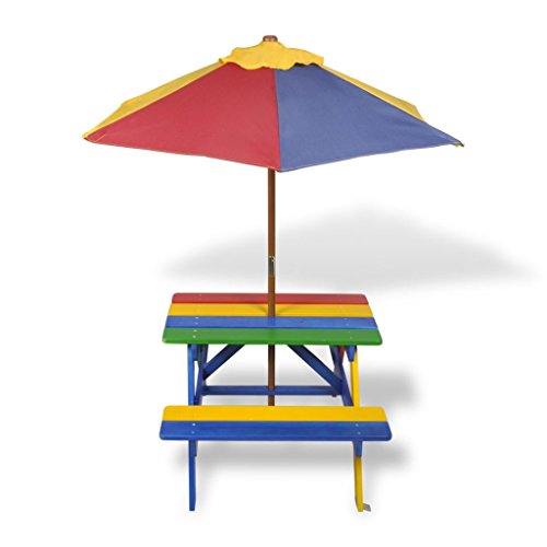 tidyard Conjunto de Mesa y Bancos para Niños con Sombrilla,Salgan de Picnic,Capacidad Máxima 60kg,Madera de Abeto,Rojo Amarillo Azul Verde