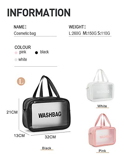 Timertick Bolsas de Aseo Transparente 3 Piezas,Bolsa de Aseo Impermeable para Piscina,Baño,Viaje,Vuelo,Bolsa de Maquillaje de Varios Tamaños (Negro)