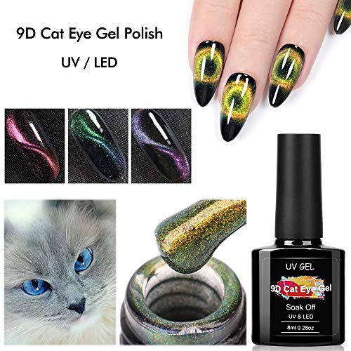 TopDirect 8Pcs 9D Cat Eye Esmalte de de Uñas Gel de Ojos de Gato, 8ml Kit de Gel Magnético Soak-off UV LED Esmalte de de Uñas con Base & Top Coat, 2 x Imán de Doble Punto y Capa Negra & Azul