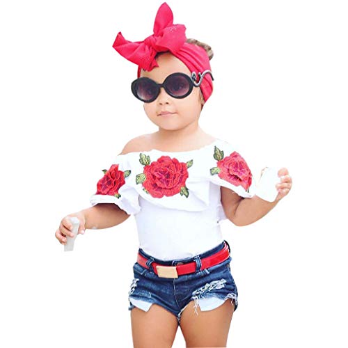 Tops y Pantalones Cortos para bebé niñas, Camisa Volantes Vaqueros Manga Cortos Algodon Ninas niños Camiseta Tirantes Bodies Blusa Blanco 12-18 Meses