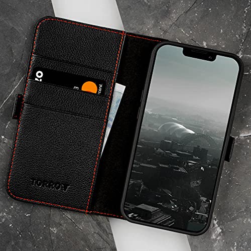 TORRO Funda Compatible con iPhone 13 - Cubierta de Cuero Genuino de Calidad con Ranuras para Tarjetas y Soporte para Visualización Horizontal (Negro)