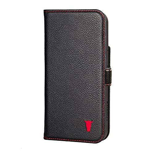 TORRO Funda Compatible con iPhone 13 - Cubierta de Cuero Genuino de Calidad con Ranuras para Tarjetas y Soporte para Visualización Horizontal (Negro)