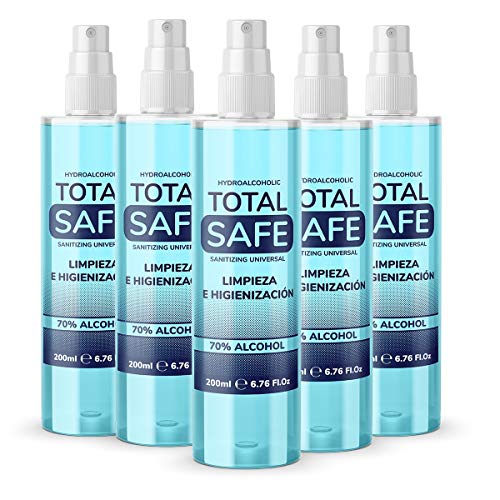 Total Safe – Pack 5 x 200ml Solucion Hidroalcohólica con 70% de Alcohol sin aclarado | Higienizante de Manos