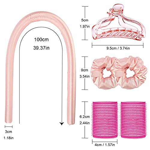 TSHAOUN Conjunto de Rizador sin Calentar, Rizador de Ondas Pelo sin Calor Diadema con Varilla Venda Horquilla Herramientas de Peinado para Cabello Largo y Largo Medio, No Daña el Cabello (Rosa)