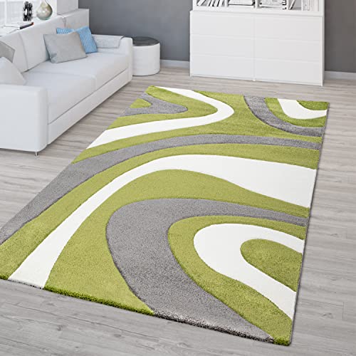 T&T Design Alfombra Diseño Moderna Pelo Corto Mallorca Motivo Ondas En Verde Negro Blanco, Größe:160x230 cm