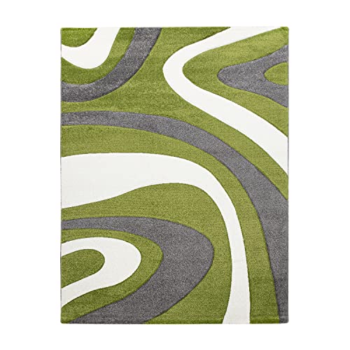 T&T Design Alfombra Diseño Moderna Pelo Corto Mallorca Motivo Ondas En Verde Negro Blanco, Größe:160x230 cm