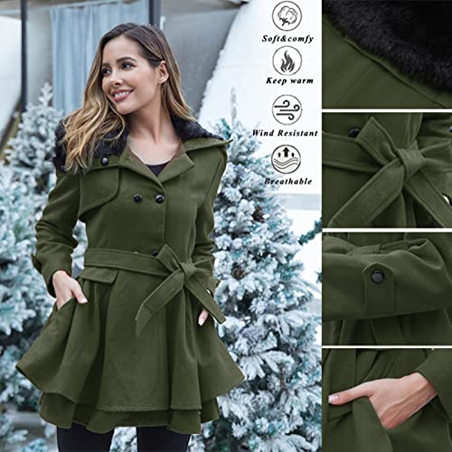 TUDUZ Abrigo de Lana de Doble Botonadura de Invierno para Mujer, Color Sólido Abrigo de Invierno Gabardina Cuello de Piel sintética Cintura con Cordones Gabardina, Tallas Grandes(Ba,XXL)