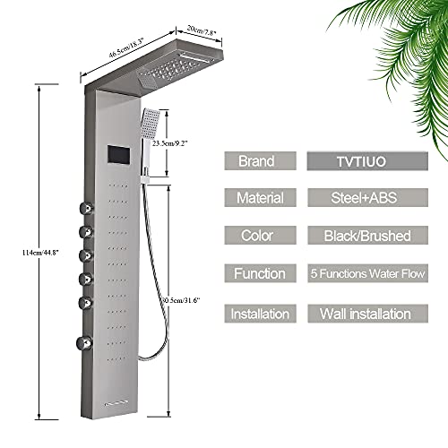 TVTIUO LED Panel de Ducha Columna de Hidromasaje Ducha Acero Inoxidable,con ducha de mano,Boquillas de Masaje,Grifo de bañera, LCD Multifunción Sistema de Ducha, níquel pulido