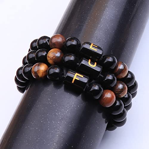 UEUC Pulsera de perlas de piedra de 10 mm de onyx negro con eslabones de letra, pulsera ajustable de cuentas de bendición del Canciller (K)