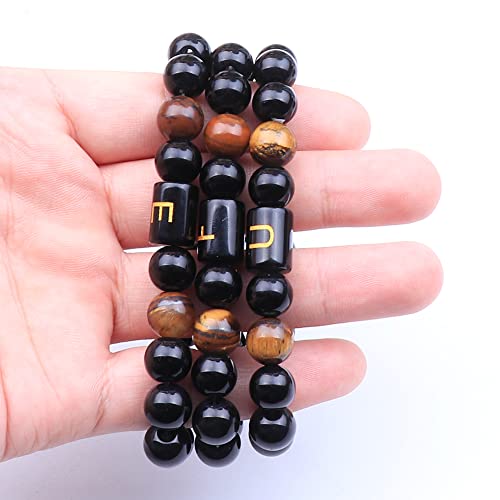 UEUC Pulsera de perlas de piedra de 10 mm de onyx negro con eslabones de letra, pulsera ajustable de cuentas de bendición del Canciller (K)