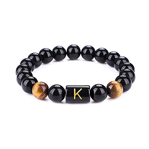 UEUC Pulsera de perlas de piedra de 10 mm de onyx negro con eslabones de letra, pulsera ajustable de cuentas de bendición del Canciller (K)