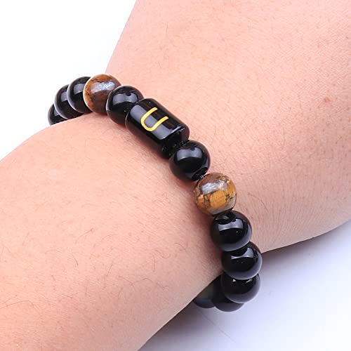 UEUC Pulsera de perlas de piedra de 10 mm de onyx negro con eslabones de letra, pulsera ajustable de cuentas de bendición del Canciller (K)