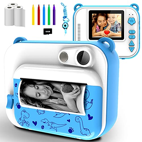 Uleway Cámara de Fotos para Niños Cámara Instantánea Infantil Regalo de Cumpleaños para 3-12 Años Videocámara Digital con Tarjeta SD de 32GB/ Papel de Impresión/Bolígrafo de Colores (Azul Dinosaurio)