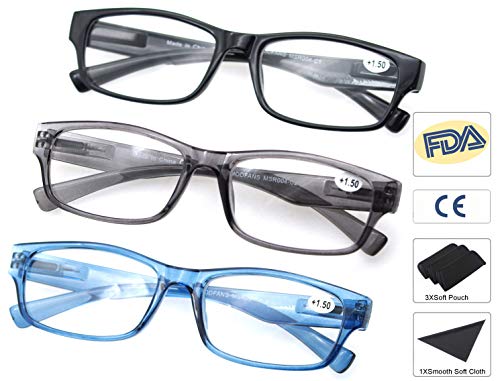 Un Pack de 3 Gafas de Lectura 2.5/Gafas para Presbicia Hombre Mujer,Buena Vision Ligeras Comodas,Vista de Cerca/Vista Cansada,Colores Negro-Gris-Azul