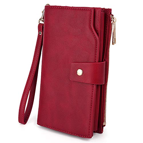 UTO - Mujer Cartera de Bloqueo de RFID PU Cuero Monedero Largo 21 Ranuras para Tarjetas Monedero Gran Capacidad Bolsillo para Móvil Rojo